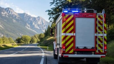 Rotes Feuerwehrfahrzeug mit gelben Warnstreifen und Blaulicht steht am Straßenrand vor Bergkulisse