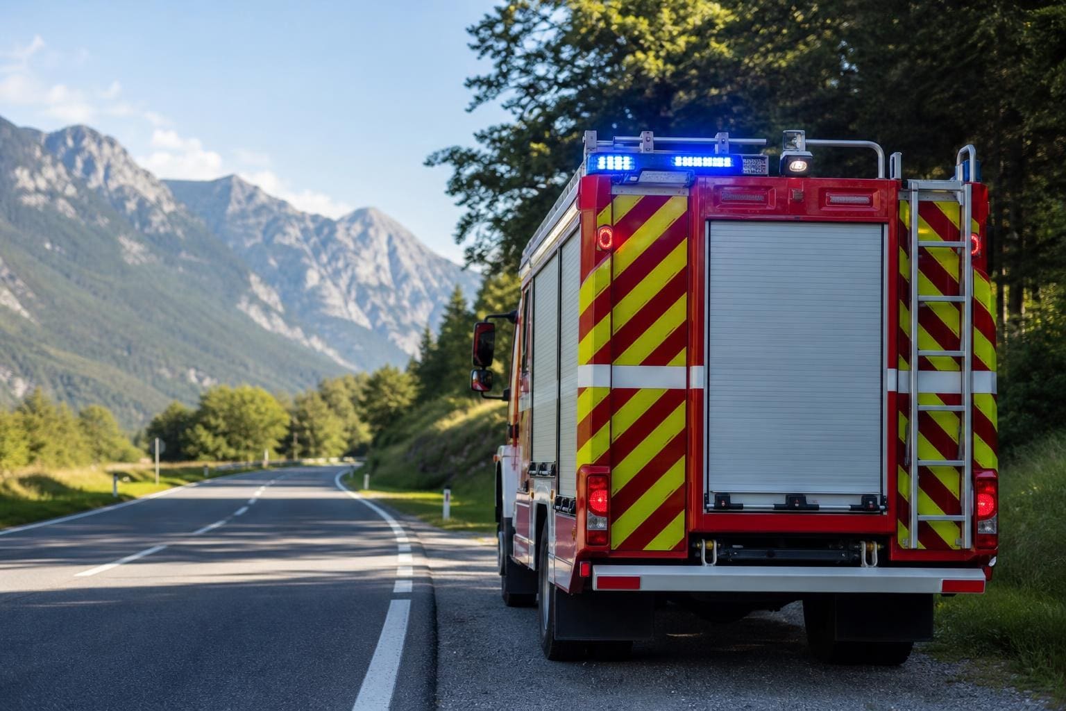Rotes Feuerwehrfahrzeug mit gelben Warnstreifen und Blaulicht steht am Straßenrand vor Bergkulisse