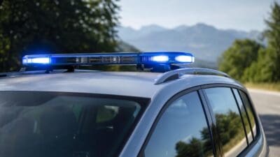 Nahaufnahme des Daches eines silbernen Autos mit blauem Blaulichtbalken in einer ländlichen Bergregion.