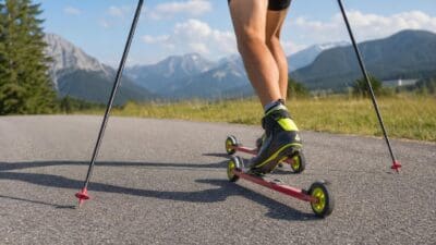 Nahaufnahme der Beine eines Rollerskiläufers mit Stöcken auf einer asphaltierten Straße vor Bergpanorama