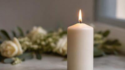 Brennende weiße Kerze auf einer Marmorplatte mit Blumen im Hintergrund