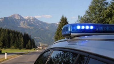 Blaues Blaulicht leuchtet auf dem Dach eines silbernen Fahrzeugs vor Berglandschaft.