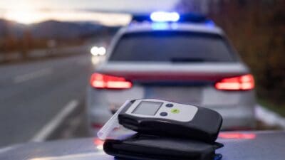 Ein geöffnetes Alkoholtestgerät liegt vor einem Polizeiauto mit Blaulicht.