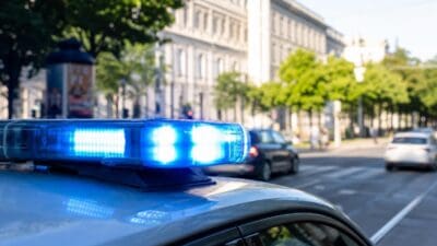Blaues Blaulicht auf dem Dach eines Polizeifahrzeugs vor städtischer Kulisse in Wien