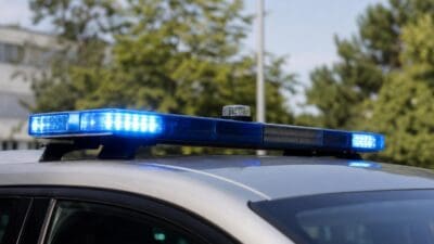 Blaues Blaulicht leuchtet auf dem Dach eines silbernen Polizeifahrzeugs.
