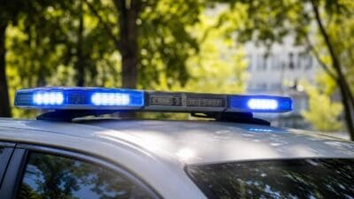 Blaues Blaulicht auf dem Dach eines silbernen Polizeifahrzeugs vor grünen Bäumen