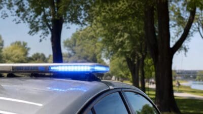 Nahaufnahme eines silbernen Polizeifahrzeugs mit leuchtendem blauen Blaulichtbalken vor grünen Bäumen und Wasser
