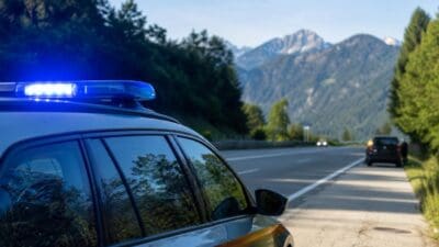 Polizeifahrzeug mit blauem Blaulicht steht am Straßenrand vor Berglandschaft