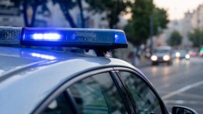 Blaues Blaulicht auf dem Dach eines Polizeifahrzeugs in einer urbanen Straße bei Dämmerung