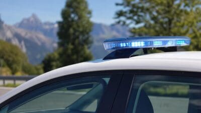 Nahaufnahme eines blauen Blaulichts auf dem Dach eines weißen Polizeiautos mit Bergen im Hintergrund