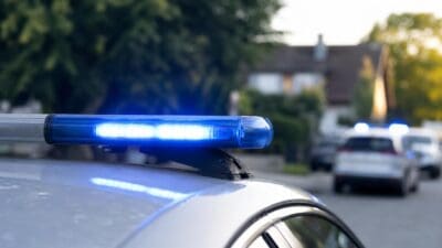 Blaues Blaulicht auf dem Dach eines Polizeifahrzeugs mit weiteren Einsatzfahrzeugen im Hintergrund