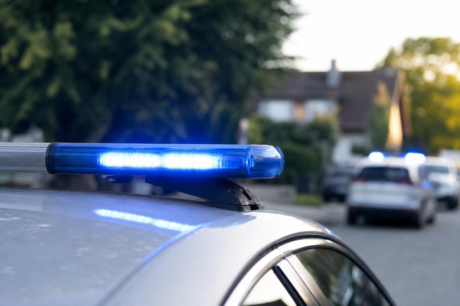 Blaues Blaulicht auf dem Dach eines Polizeifahrzeugs mit weiteren Einsatzfahrzeugen im Hintergrund
