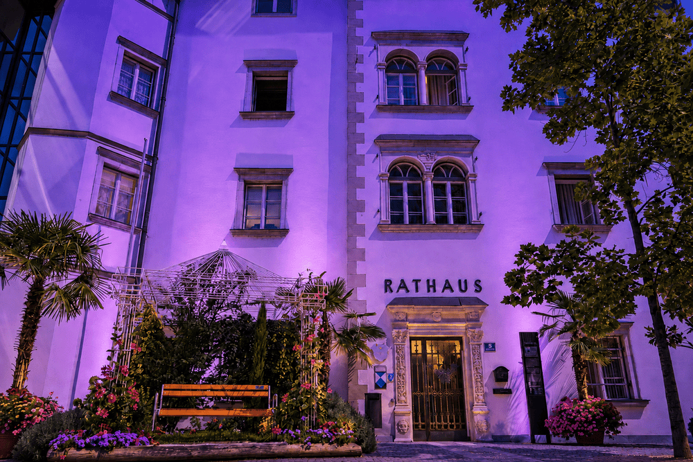 Das lila beleuchtete Rathaus in Spittal mit Blumenbeeten einer Bank und Bäumen im Vordergrund bei Nacht