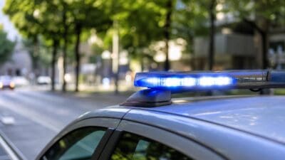 Blaues Blinklicht leuchtet auf dem Dach eines Polizeifahrzeugs an einer Straße mit Bäumen