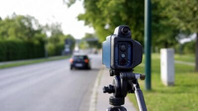 Ein mobiles Radargerät auf Stativ neben einer Straße mit Auto im Hintergrund
