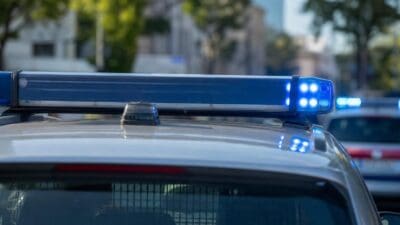 Nahaufnahme eines Polizeifahrzeugs mit blauem Blaulicht auf dem Dach und einem weiteren Einsatzfahrzeug im Hintergrund.