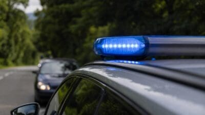 Blaues Blinklicht eines Polizeifahrzeugs auf einer Landstraße mit einem weiteren Auto im Hintergrund