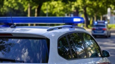 Nahaufnahme eines Polizeifahrzeugs mit leuchtendem blauen Blaulichtbalken auf dem Dach und einem weiteren Einsatzfahrzeug im Hintergrund.