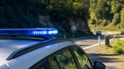 Blaues Blaulicht leuchtet auf dem Dach eines weißen Polizeifahrzeugs an einer Landstraße mit Wald