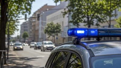 Nahaufnahme eines Polizeifahrzeugs mit blau leuchtendem Blaulicht auf dem Dach