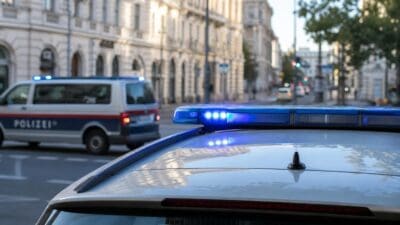 Polizeifahrzeuge mit blauem Blaulicht auf einer Stadtstraße in Wien