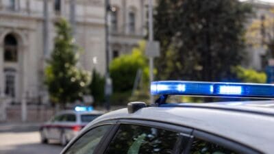 Nahaufnahme eines blauen Blaulichts auf dem Dach eines weißen Polizeifahrzeugs