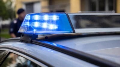 Nahaufnahme eines blauen Blaulichts auf dem Dach eines Polizeifahrzeugs mit einem Polizisten im Hintergrund