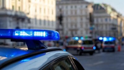 Aktiviertes blaues Blaulicht auf dem Dach eines Polizeifahrzeugs mit weiteren Einsatzfahrzeugen im Hintergrund