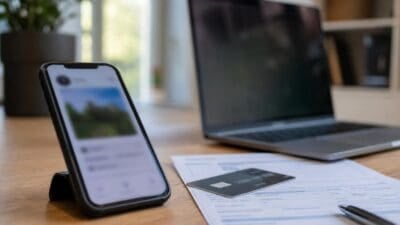 Ein Smartphone in einer Halterung neben einem Laptop, einer Kreditkarte und Dokumenten auf einem Holztisch.