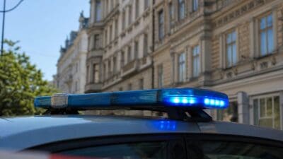 Blaues Blaulicht auf dem Dach eines Polizeifahrzeugs vor einem mehrstöckigen Gebäude.