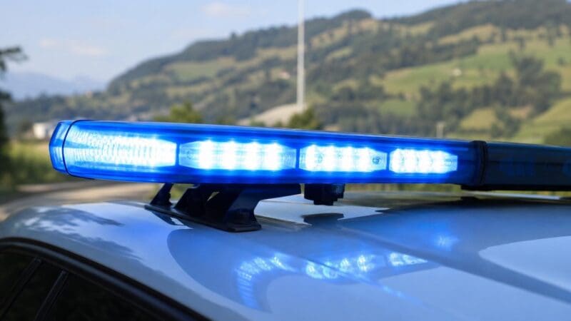 Blaues Blinklicht auf dem Dach eines Polizeifahrzeugs vor einer Hügellandschaft