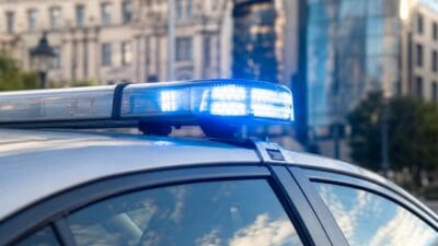 Blaues Blaulicht leuchtet auf dem Dach eines Polizeifahrzeugs vor städtischen Gebäuden.