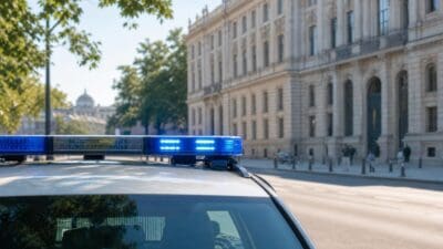 Ein silbernes Polizeiauto mit leuchtendem blauen Lichtbalken auf dem Dach steht vor einem großen Gebäude.