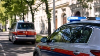 Zwei Polizeifahrzeuge mit eingeschaltetem Blaulicht parken auf einer Straße in Wien-Leopoldstadt.