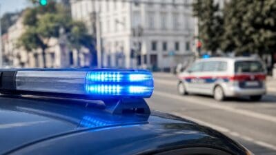 Nahaufnahme von blauem Blaulicht auf einem Polizeifahrzeug mit einem Einsatzwagen im Hintergrund