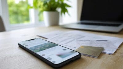 Ein schwarzes Smartphone liegt auf einem Holztisch neben einer Kreditkarte und Papieren mit einem Laptop im Hintergrund.