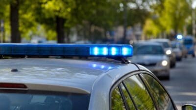Nahaufnahme des Daches eines silbernen Polizeiautos mit mehreren leuchtenden blauen Blaulichtern auf einer Straße