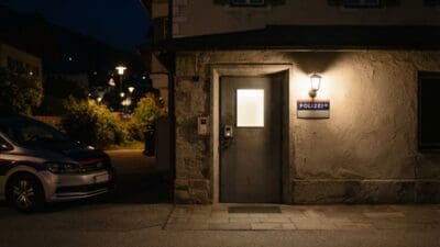 Ein silbernes Polizeiauto parkt vor dem Eingang einer bei Nacht beleuchteten Polizeistation.