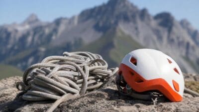 Weiß-oranger Kletterhelm neben einem aufgerollten Kletterseil auf einem Felsen mit Bergen im Hintergrund
