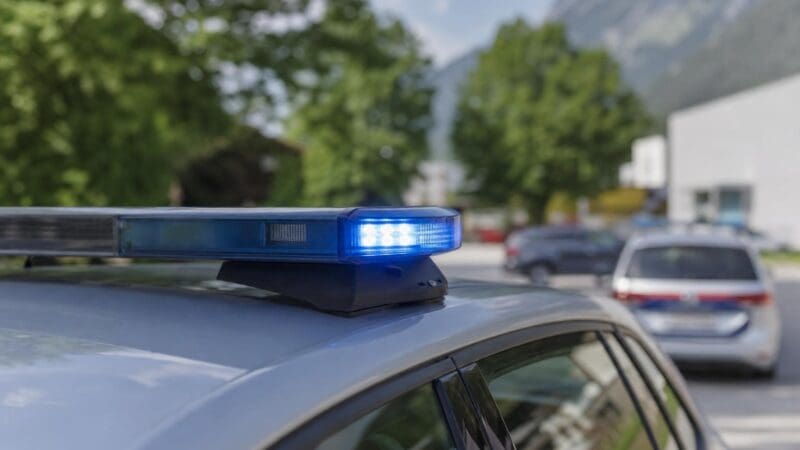 Blaues Blaulicht auf dem Dach eines silbernen Einsatzfahrzeugs vor Bergen.