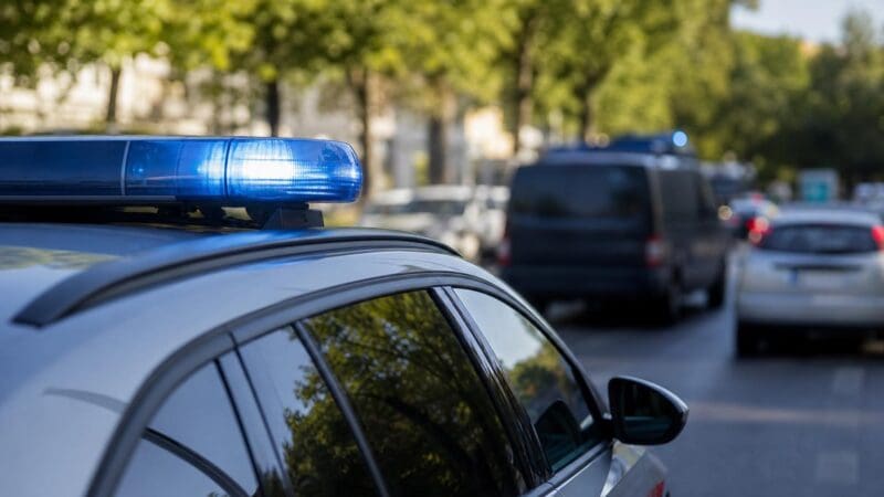 Silbernes Polizeifahrzeug mit leuchtendem blauen Blaulicht auf einer Straße mit unscharfen Fahrzeugen und Bäumen im Hintergrund