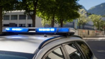 Blaues Blinklicht auf dem Dach eines silbernen Autos mit Bäumen und Bergen im Hintergrund