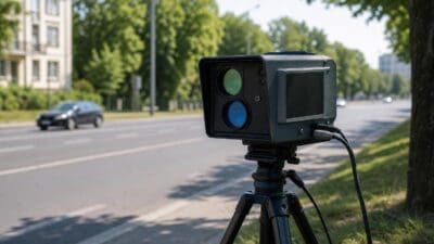 Mobiles Radargerät auf Stativ am Straßenrand mit vorbeifahrendem Auto