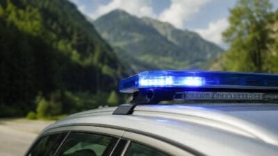 Nahaufnahme des blauen Lichtbalkens eines Einsatzfahrzeugs vor einer bewaldeten Bergkulisse