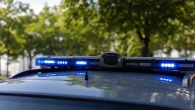Blaues Blaulicht leuchtet auf dem Dach eines Polizeifahrzeugs vor grünen Bäumen.