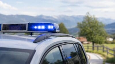 Das Dach eines Polizeifahrzeugs mit eingeschaltetem blauen Blaulicht und Bergen im Hintergrund