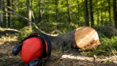 Roter Schutzhelm mit Gehörschutz und Visier liegt neben einem gefällten Baumstamm im Wald