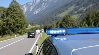 Blaues Blaulicht eines Polizeifahrzeugs leuchtet auf einer Straße mit Bergpanorama im Hintergrund.