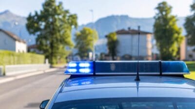 Blaues Polizeiauto mit leuchtendem Blaulicht und Antenne vor Bergkulisse