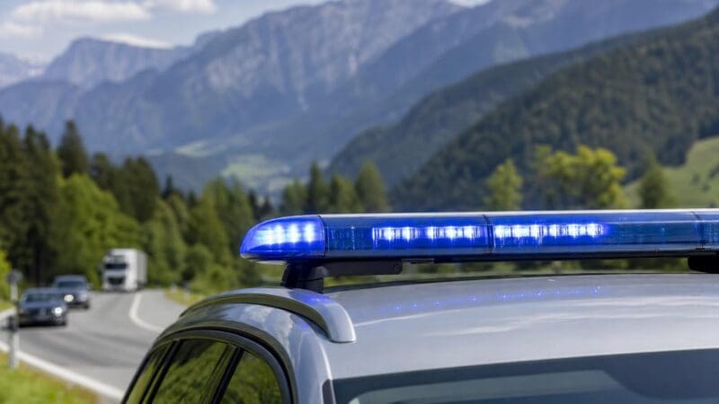 Nahaufnahme eines blauen Blaulichtbalkens auf einem Polizeifahrzeug mit Bergen im Hintergrund